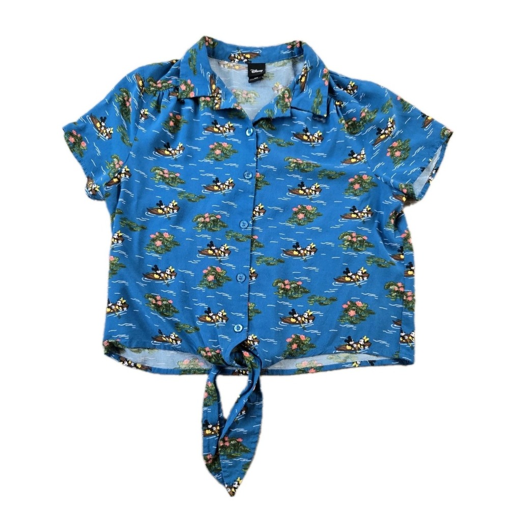 Disney Women's Tie Front Cropped Button Up Blouse Mickey Minnie Rowboat Small